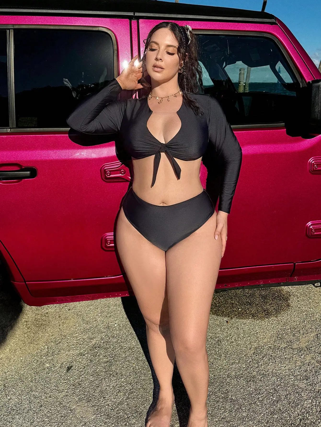 

Купальник с длинными рукавами, V-образным вырезом и бантом, больших размеров, для пляжного отдыха