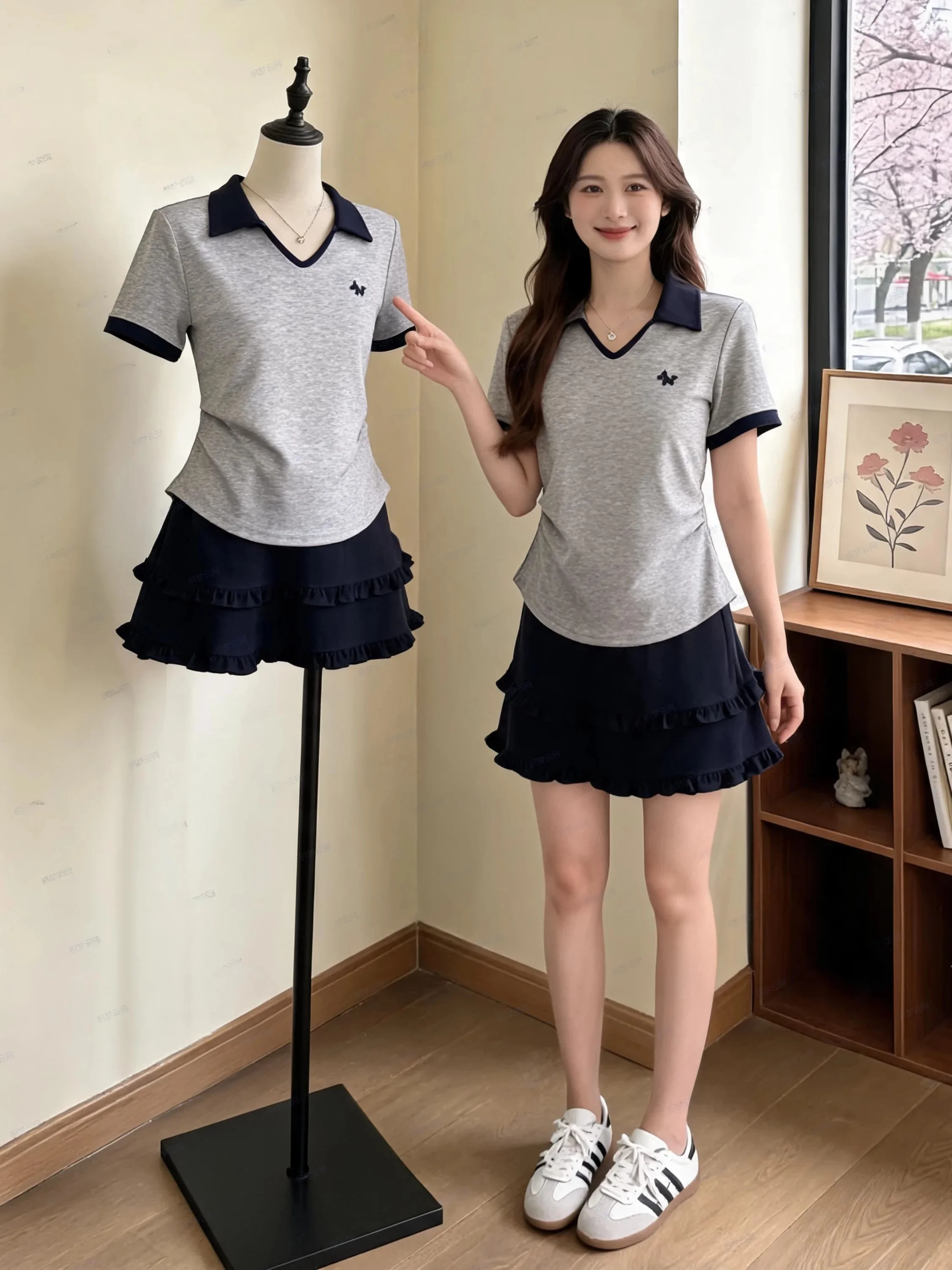 plus Size Casual Slimming Summer Set Women's V-Neck Short Sleeve T-Shirt Top Half Skirt Two-Piece Set Korean Style High Waist...