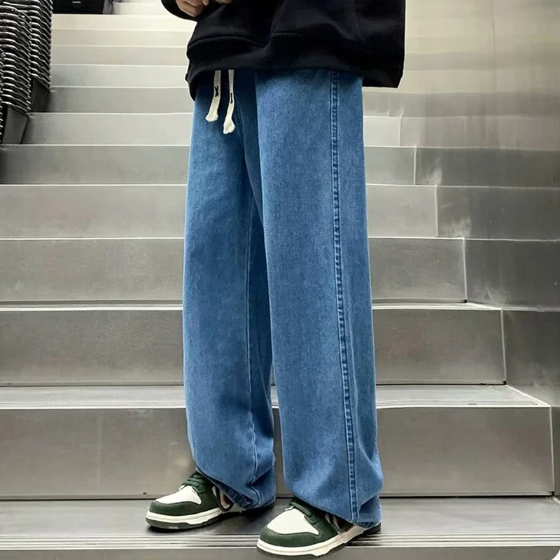

Мужские повседневные свободные джинсы, мужская уличная одежда, модные прямые широкие джинсовые брюки с эластичной резинкой на талии, удобные однотонные серые брюки