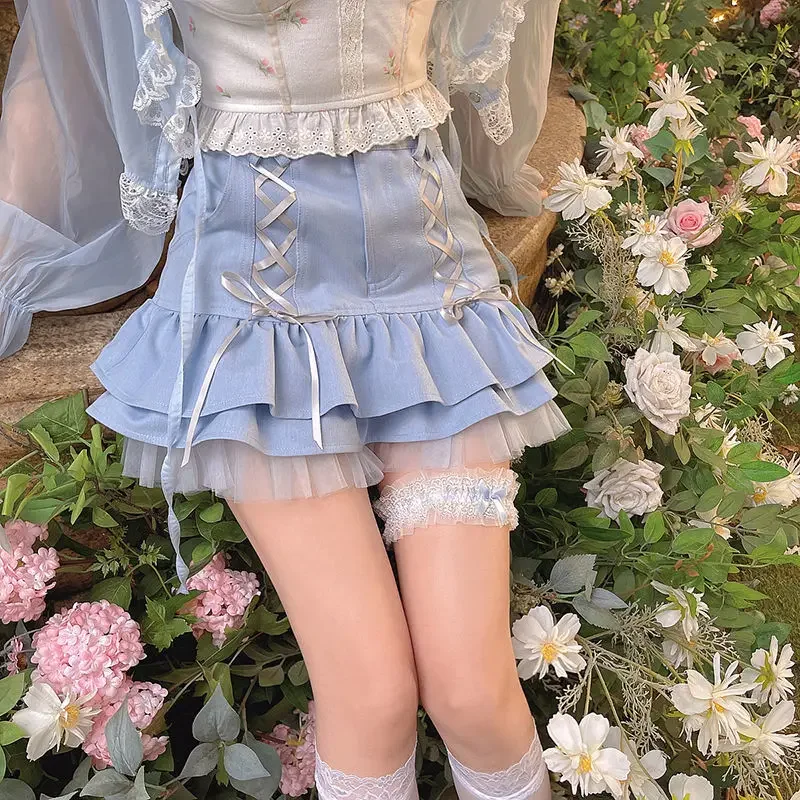 Japanese Kawaii Mini Skirt Women Summer Casual Designer Elegant Lolita Sexy Skirt High Waist Lace Bandage Y2k Sweet Skirt 2024