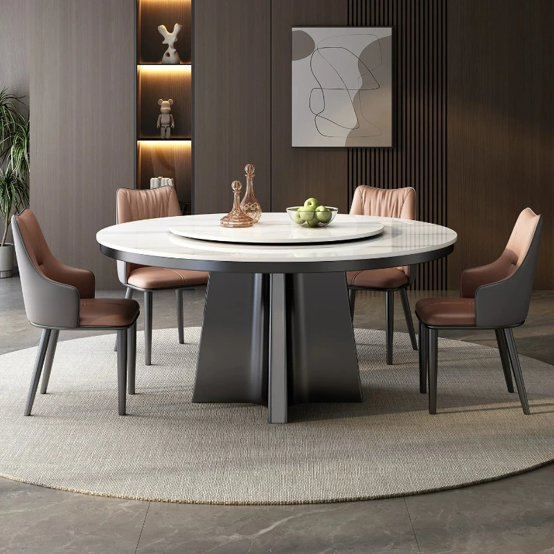 r8.12-Light Luxury High-end Rock Slab Dining Table And Chair Combination New Simple Round Household Dining Table With Turntable