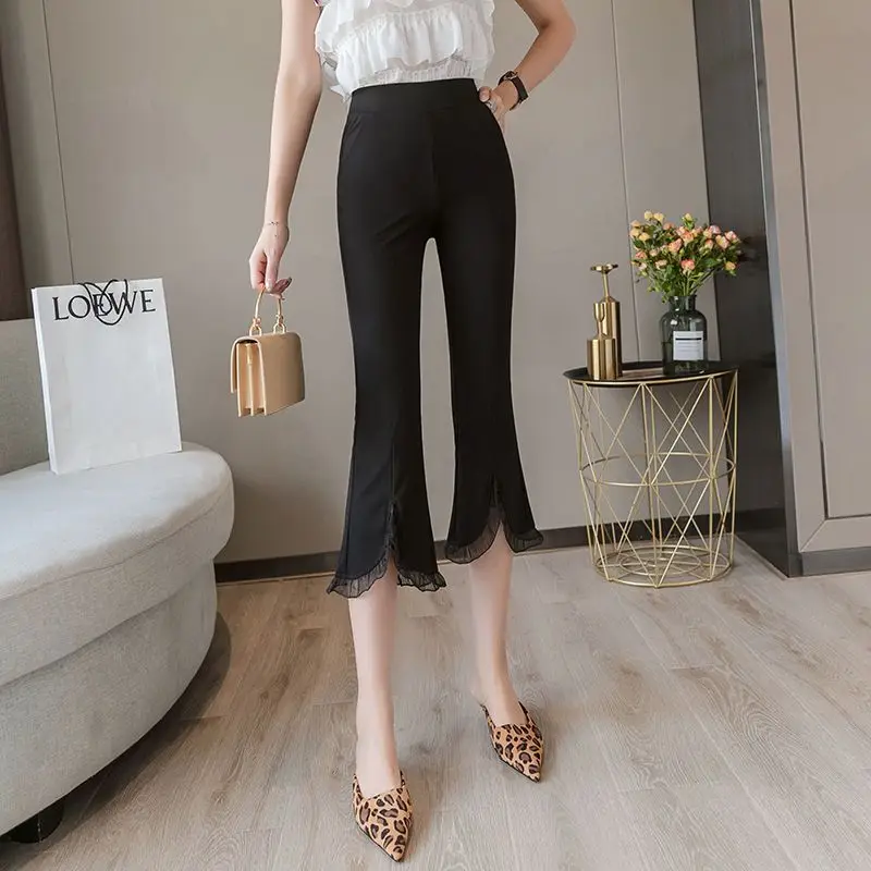 Summer Casual Fashion Patchwork Lace Solid Color Elastic Waist Thin Cropped Pants Ladies All-match Irregular High Waist Flare