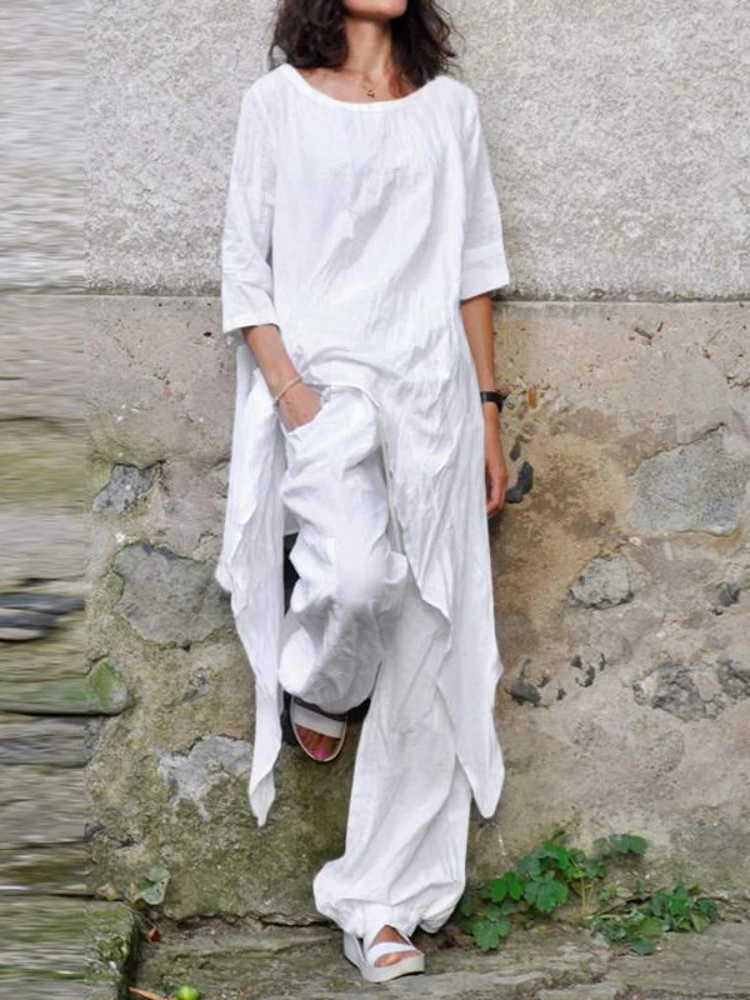 

2024 Summer New Fashion Casual Loose Top Irregular Hem Round Neck Cotton Linen Top Loose Leg Pants Elegant Two Piece Set