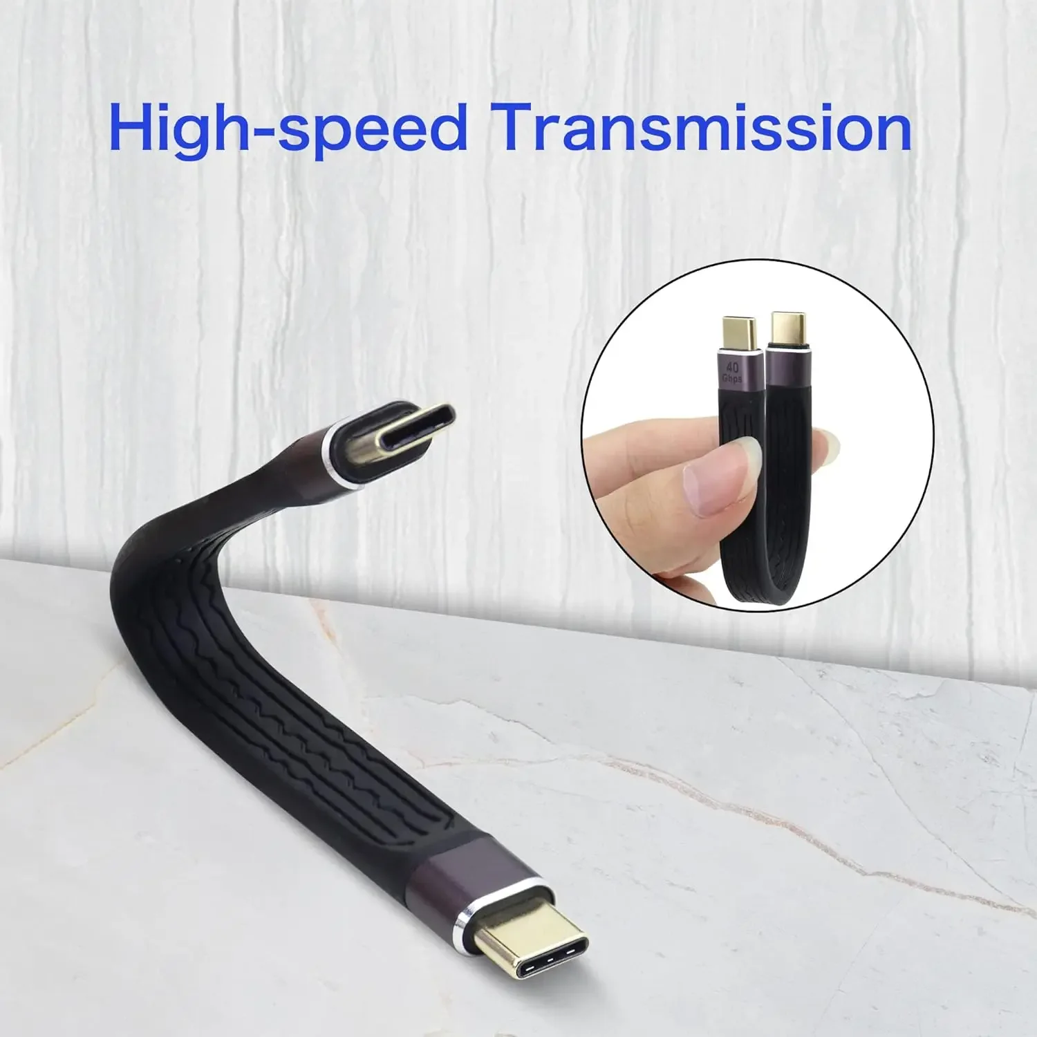 Portable Type-C USB4 40Gbps Data Cable C to C 100W Fast Charging Flat Slim FPC Short Cord for Laptop Mobile Phone Power Bank