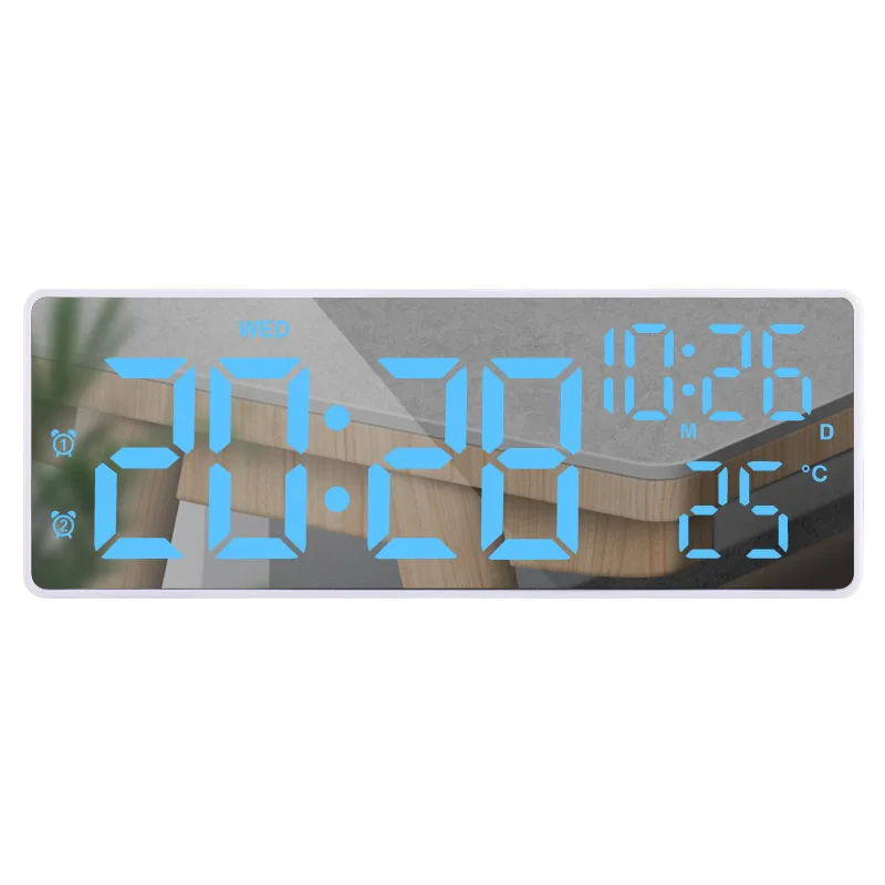 M-C-03 LED Mirror Desk Clock Digital Timer Dual Alarm Time Temp Week Date Dual Power Electronic Clock For Indoor Bedroom Desktop