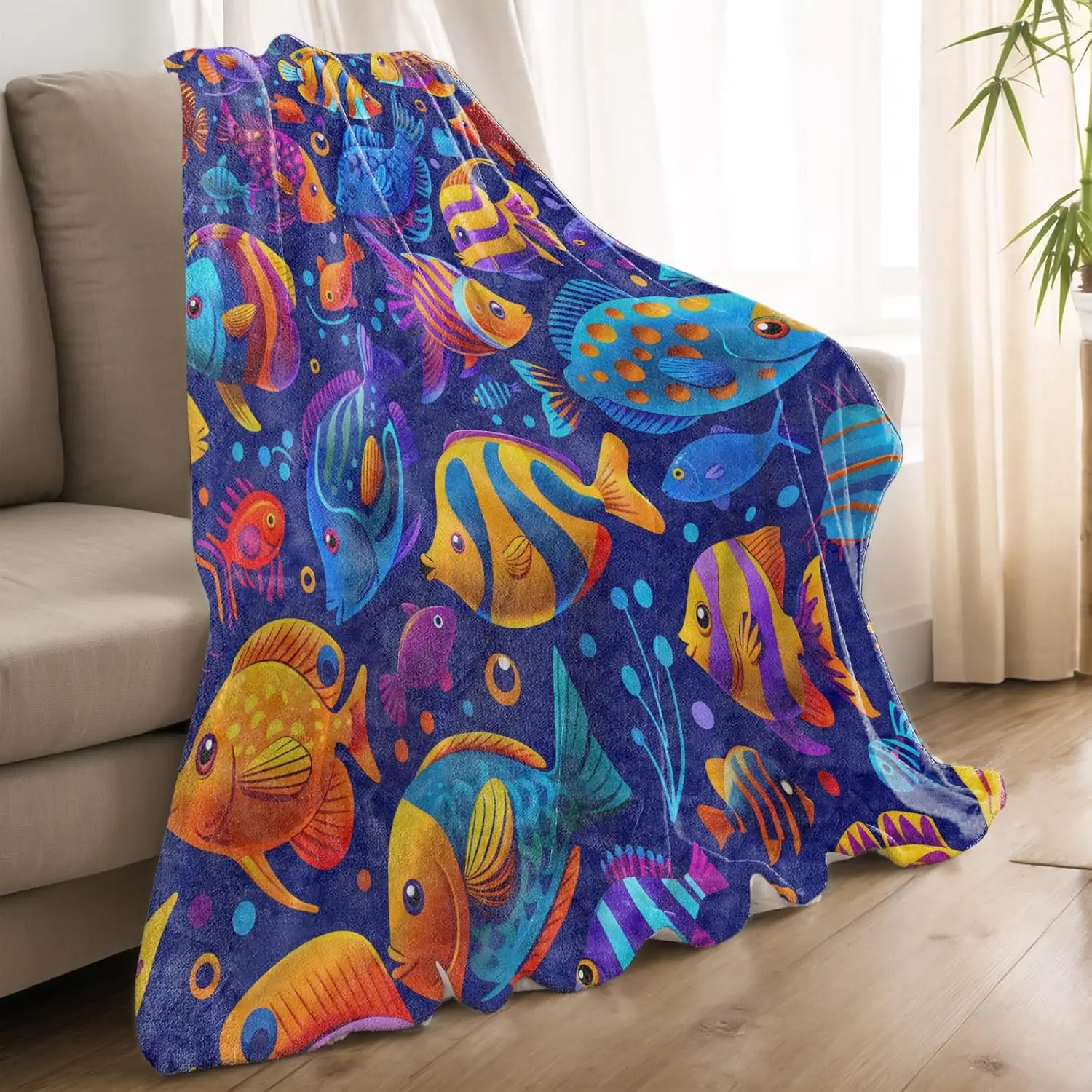 Colorful Tropical Fish Blanket Soft Fleece Throw Ocean Theme Decor Kids Room Gift Marine Life Design Home Decoration