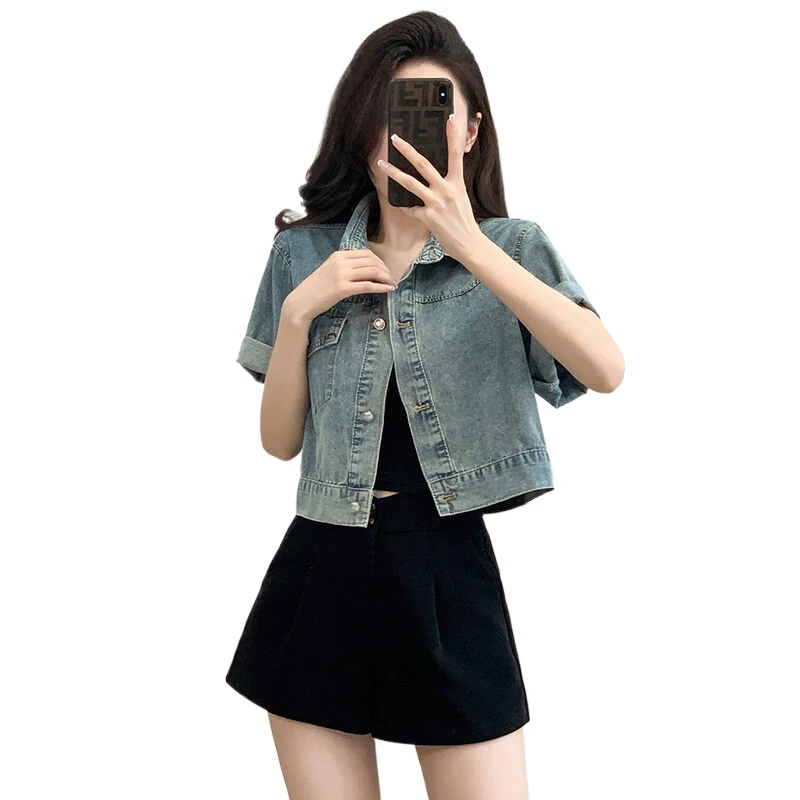 Fashion Ins Thin Summer Short Denim Jackets Women Slim Casual Single-Breasted Jeans Short Sleeve Jeans Coat Clothes