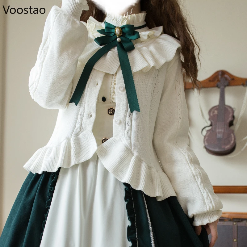 اليابانية Kawaii لوليتا البلوزات سترة المرأة أنيقة الحلو الكشكشة س الرقبة طويلة الأكمام محبوك معطف الفتيات Vintage بلايز عادية