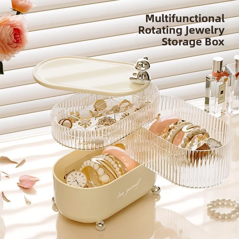 Elegant Home Desktop Organizer Box Cosmetic Jewelry Miscellaneous Items Cover Lid Dustproof Moistureproof Rotatable Makeup St...