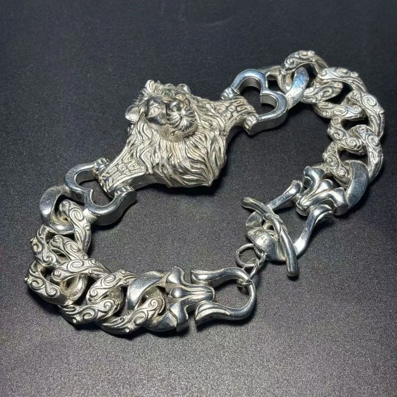Tibetan Silver Inlaid Domineering Lion Bracelet To Attract Wealth Ward Off Evil Spirits Men Women Jewelry Couple Gift