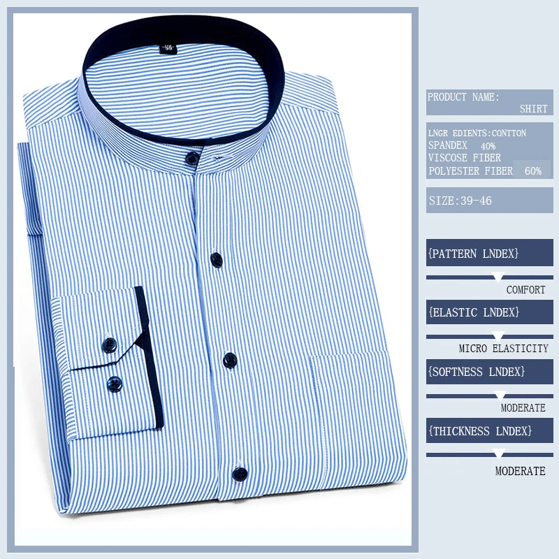 Camicia a righe con colletto in stile cinese da uomo camicia da lavoro non stirata a maniche lunghe da uomo in tinta unita, abbigliamento da strada