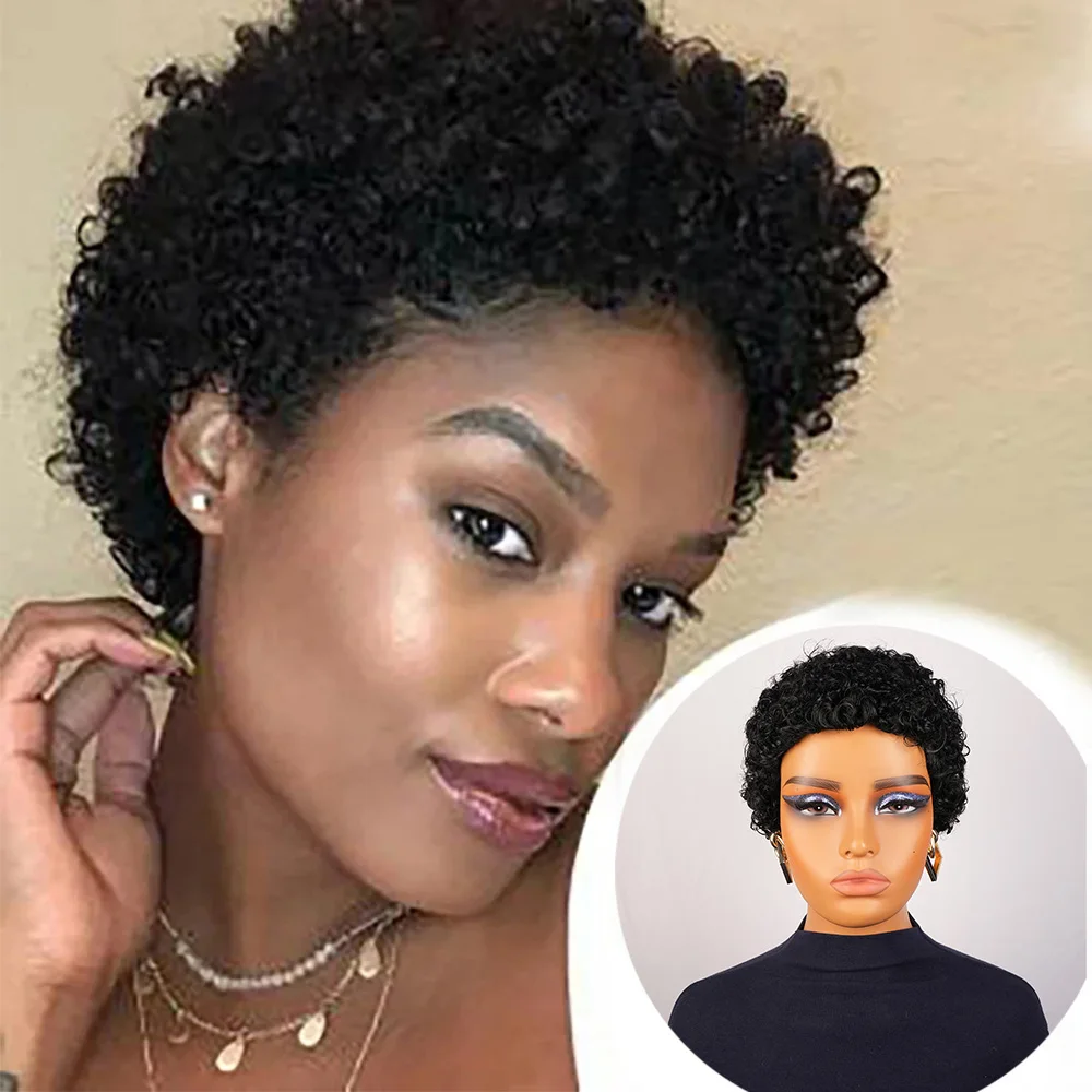 Pixie corte perucas brasileiras virgem remy peruca de cabelo humano para preto feminino curto afro kinky encaracolado máquina feita perucas