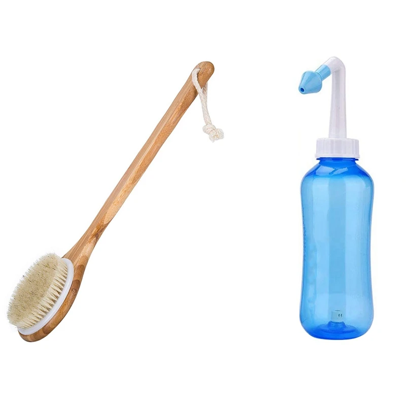 

Natural Boar Bristles Shower Back Scrubber With Sinus Rinse 500Ml Nasal Irrigation - Nose Cleaner