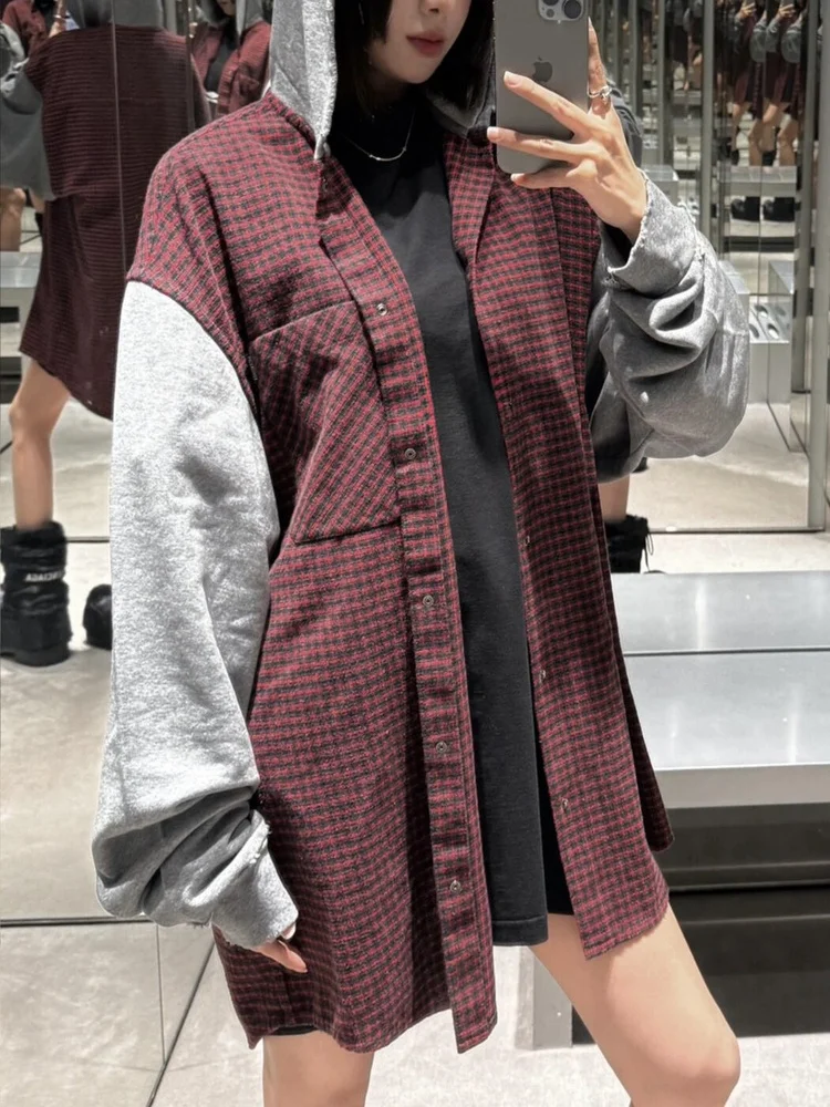 Autumn New Arrival Men's Oversized Shirt Style Hoodie Patchwork Grunge Washed Long Sleeve Button down Coat for Casual Wear