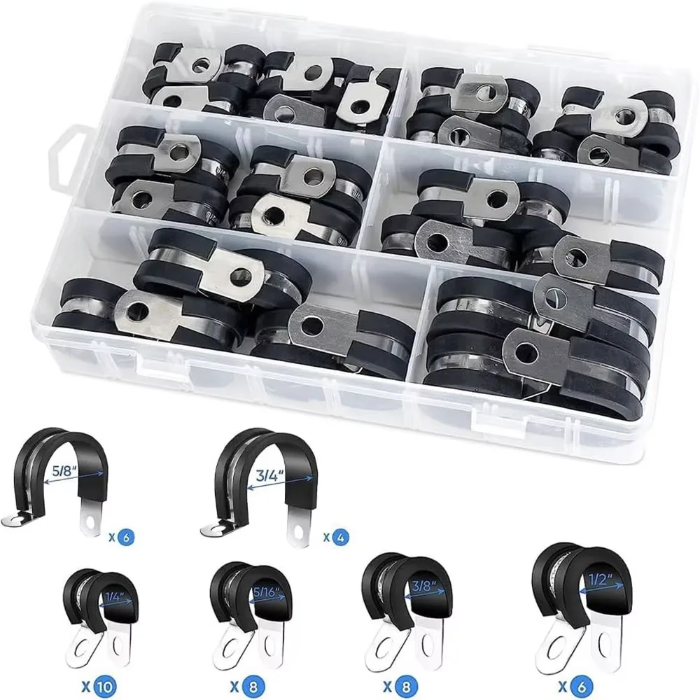 42PCS Cable Clamp Kit - Rubber Gasket 304 Stainless Steel Hose Clamp Ring Clamp, 6 Sizes (42PCS 1/4-5/16-3/8-1/2-5/8-3/4 Inch)