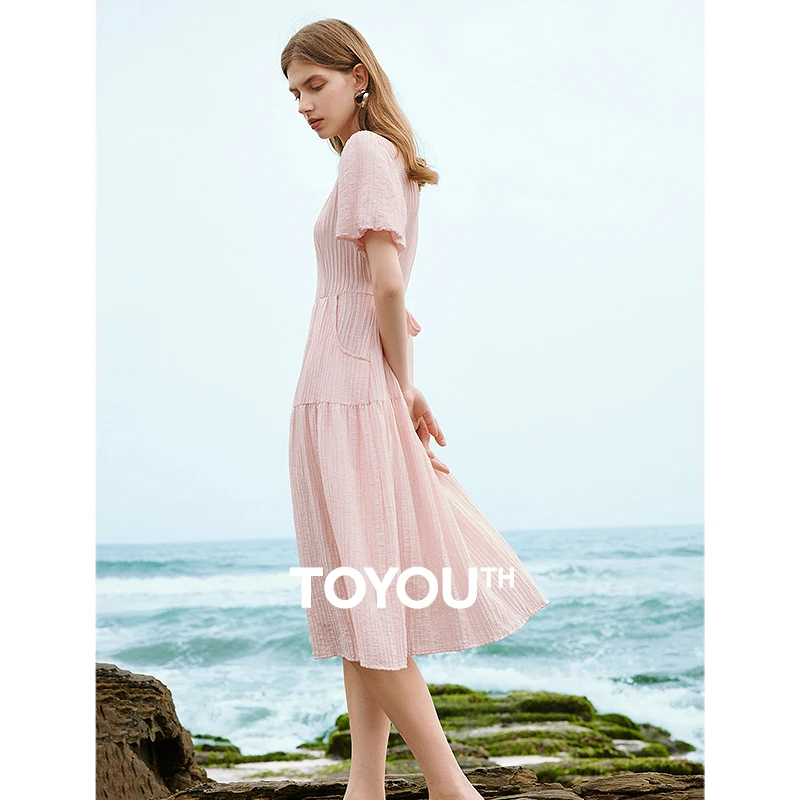 

TOYOUTH Women Dress 2024 Summer New Elegant Solid Pleated Round Neck Puff Sleeves Mid Length Casual Dress With Waistband