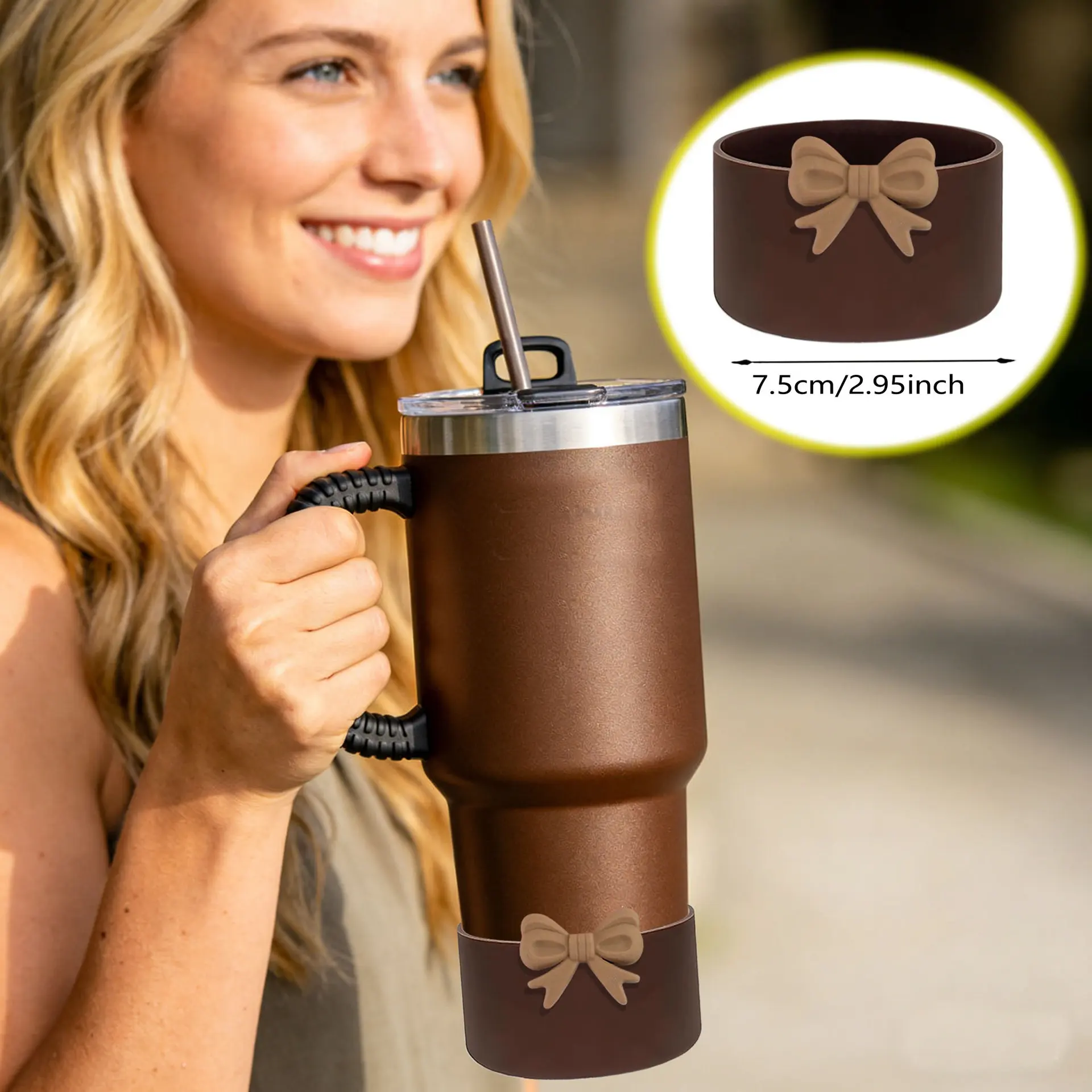 Wärmeisolierende Silikon-Becherhülle mit Schleifendekoration Stoßfest 7,5cm Passend für 30oz 40oz Becher Schützende Bechermanschette – Detail 4