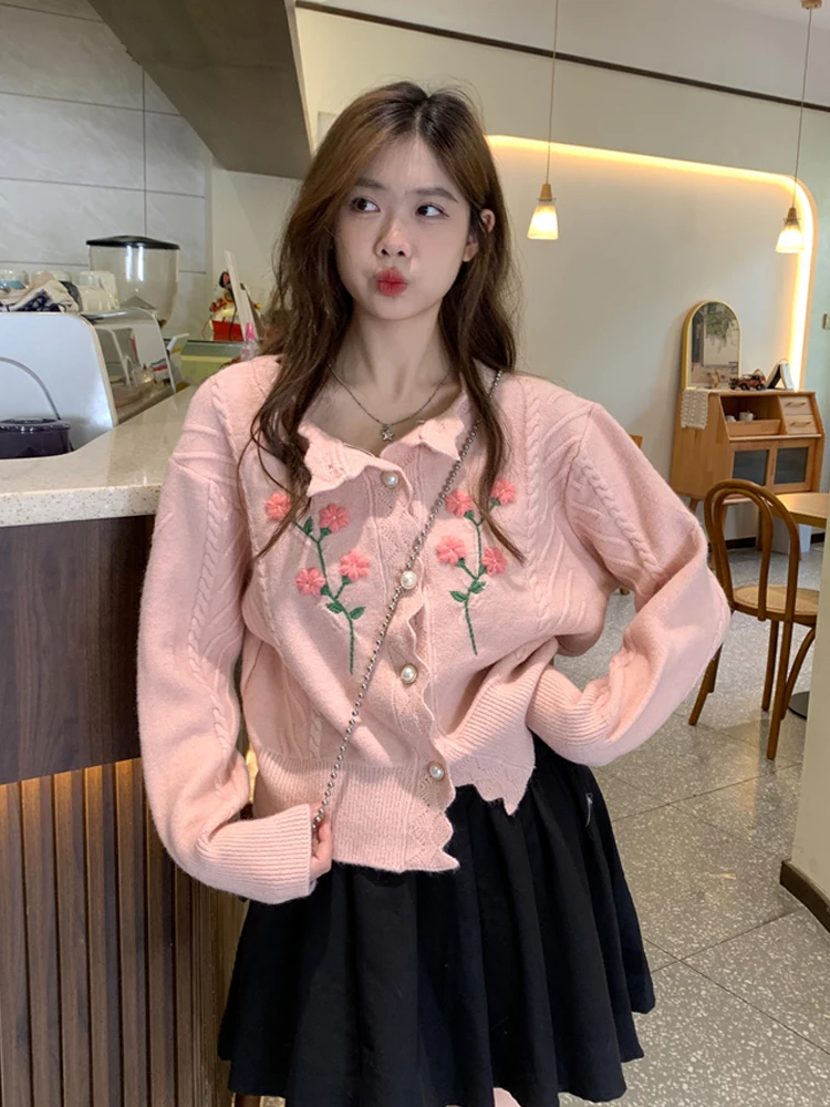 KIMOKOKM Korea Preppy Style Sweet Girl Crochet Hollowed Out O-Neck Cute Flower Twists Cardigan Full Sleeve Pink Knitting Sweater