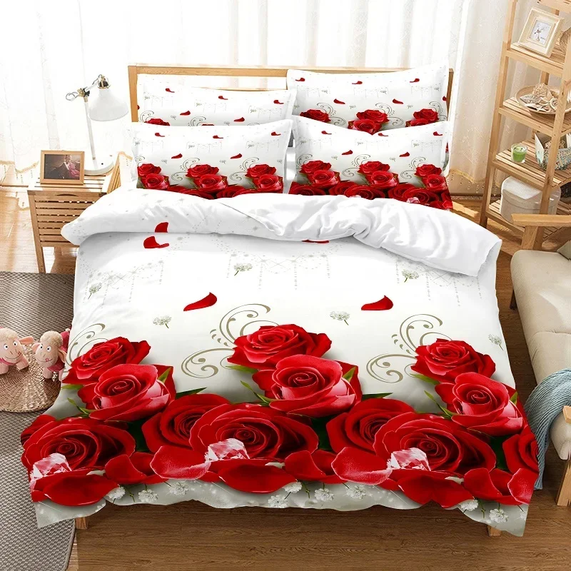 Red rose bed linen set duvet cover 3D bed linen digital printing  bed linen queen size  set fashion design