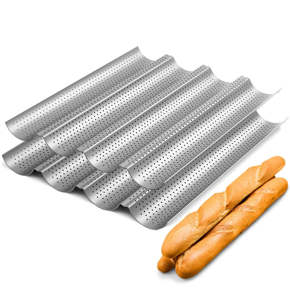 Carbon Steel French Bread Baking Pan Non-stick Perforated Baguette Pan 4 Wave Loaves Loaf Bake Mold Cooking Tray Baking Tool