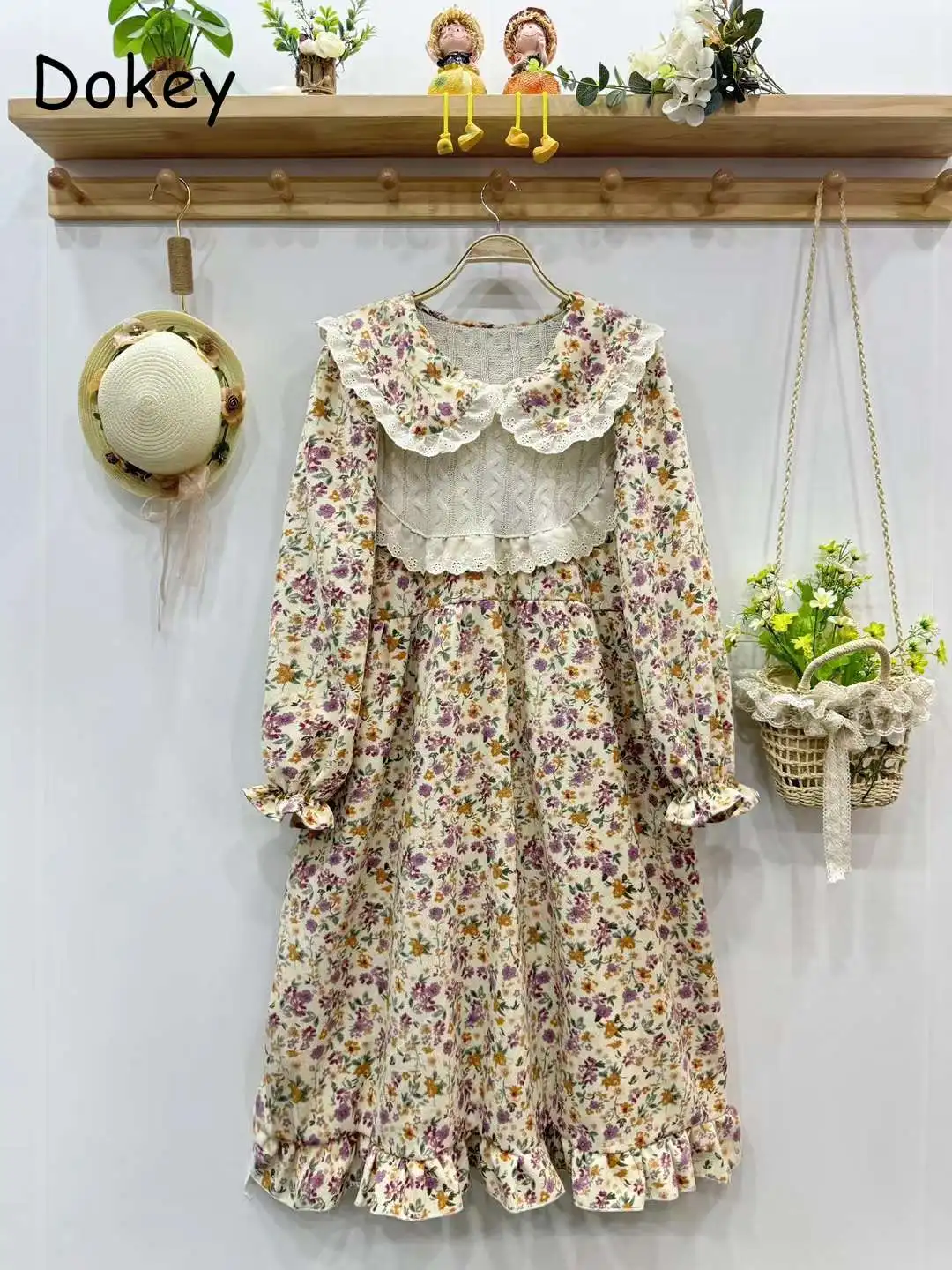 Vintage Doll Collar Knitted Patchwork Floral Dress Women Japan Mori Girl Lace Patchwork Cotton Linen Dress Loose Lolita Vestidos