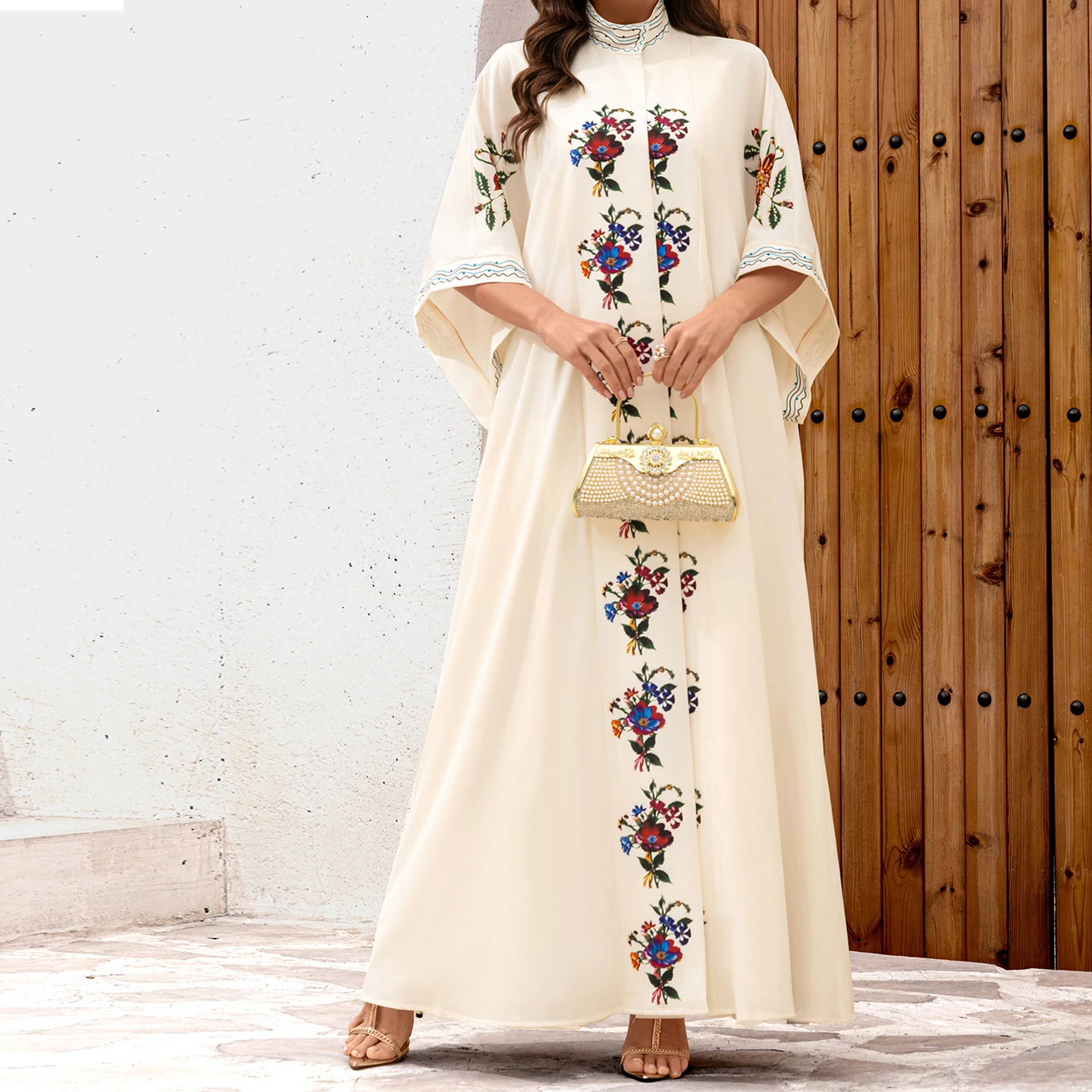 Women Flower Abaya Cape Loose Mock Neck Open Front Long Cardigan Casual Kaftans