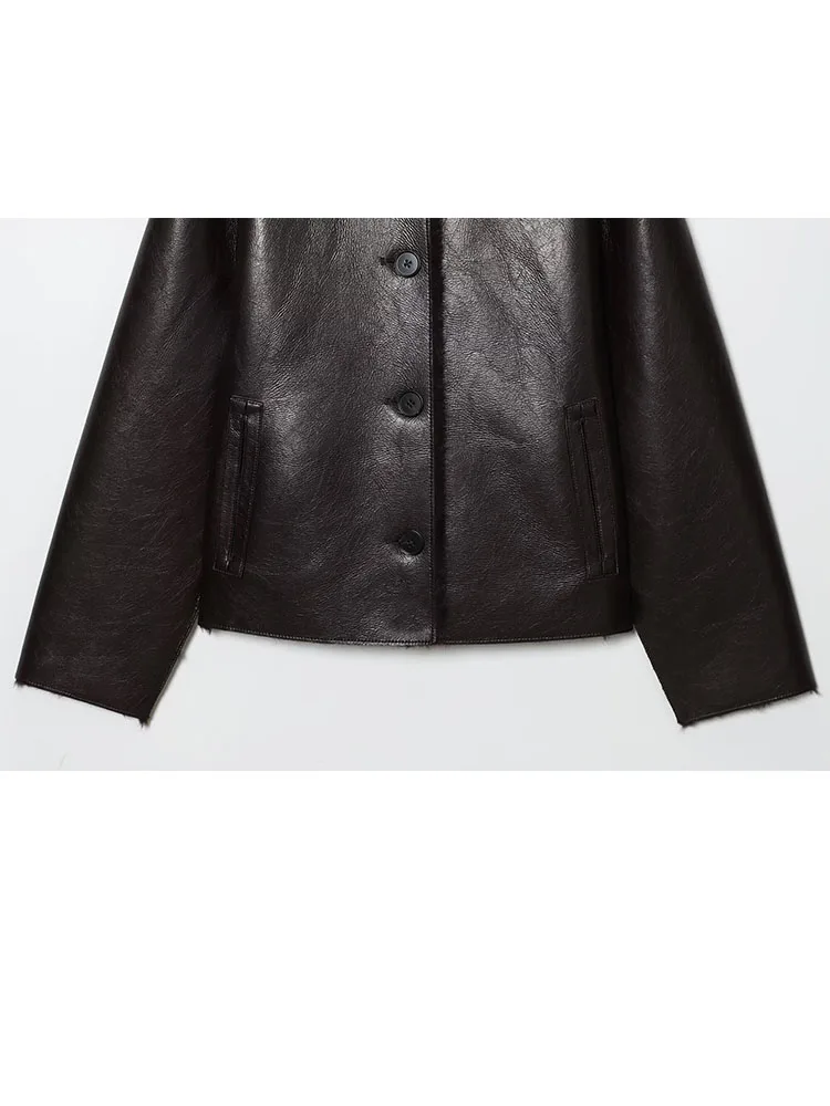 

HH Women Warm Reversible Faux Leather Lapel Single-Breasted Pocket Design Jacket 2026 Winter Woman Long Sleeves Loose Slim Coat