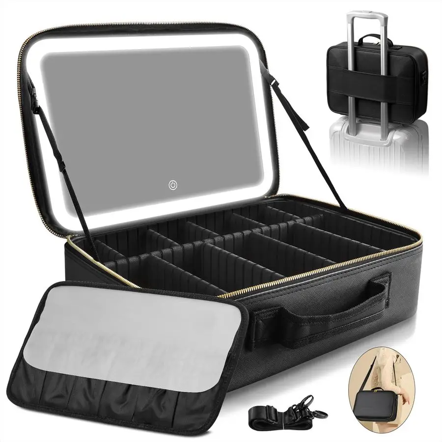 

Large Travel Makeup Bag with LED Mirror, 15 Professional Makeup Case with 3 Color Modes Dimming Lighted Mirror, Light up Cosmeti