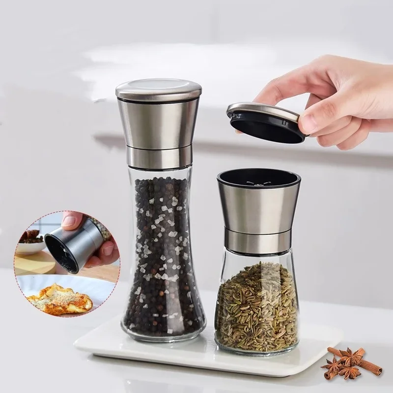 Pepper Grinder 304 Stainless Steel Lid Salt Pepper Sesame Grinder Ceramic Core Glass Seasoning bottle Manual Spice Salt Grinder