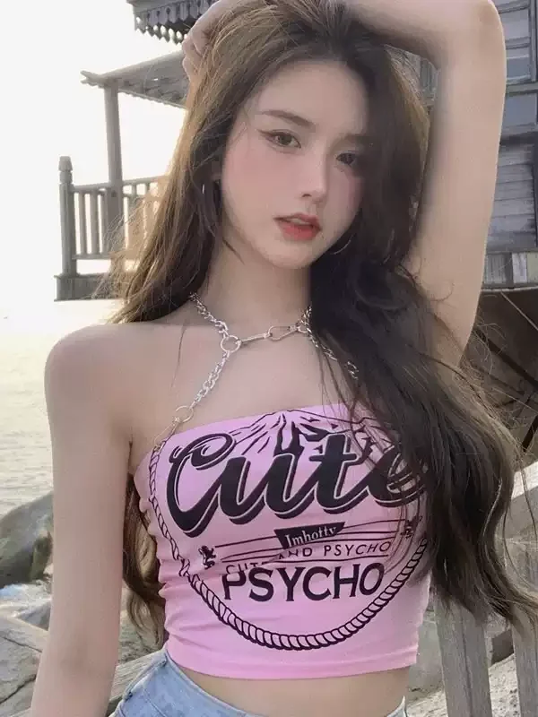 Korean Japanese style hot girl chain halter camisole for women, niche design sexy cropped tube top, can be worn outside