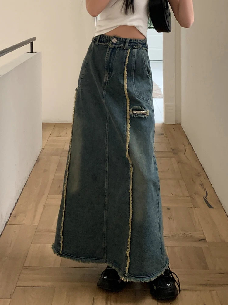 Vintage Jeans Skirts Women High Waist Tassel Ripped Denim Skirts Female 2024 New Casual Pocket Straight Zipper Long Skirts