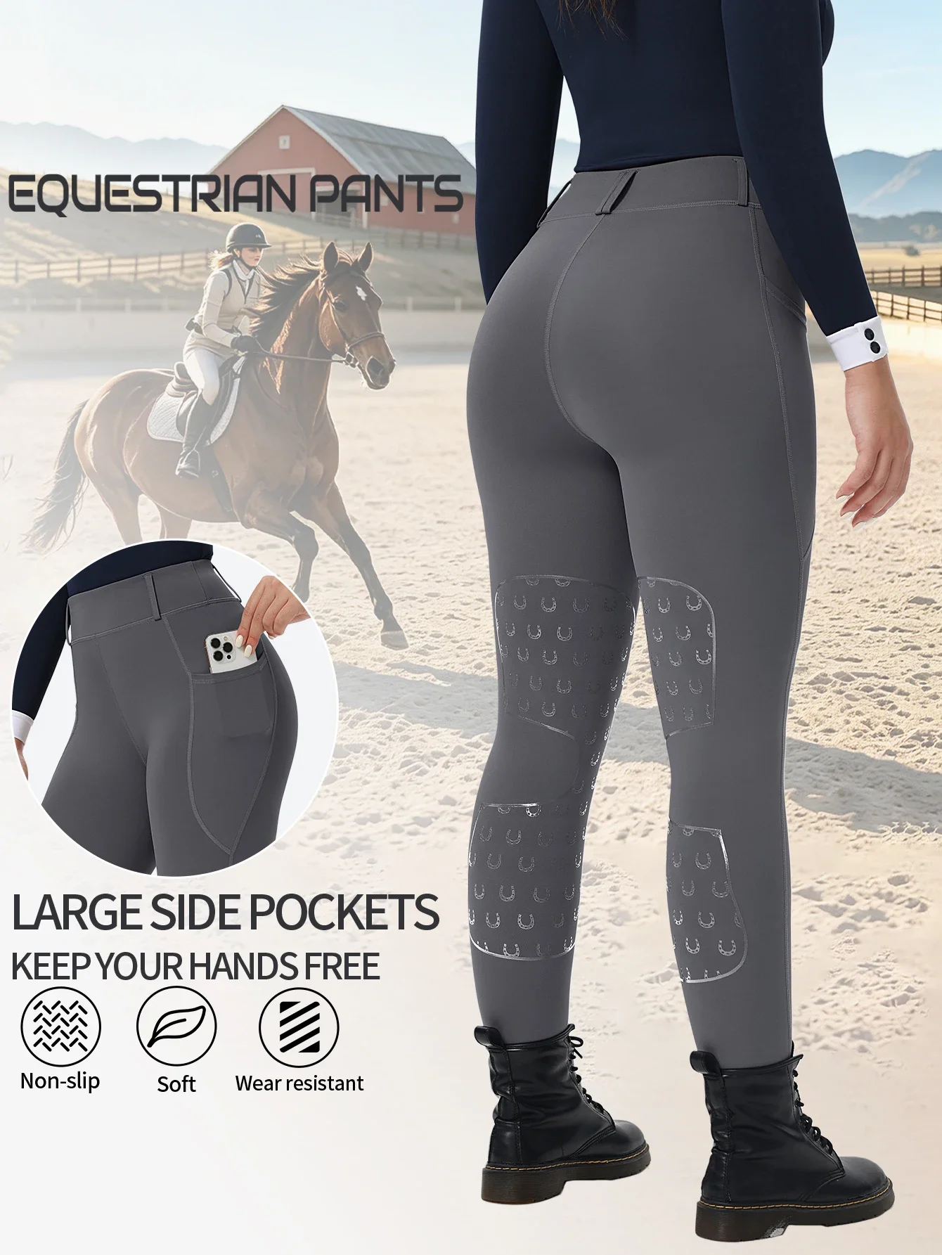 Women Equestrian Breeches Half Silicone High Waist Tight Stretch Breathable Riding Pants Pockets Anti-Slip Outdoor Competition