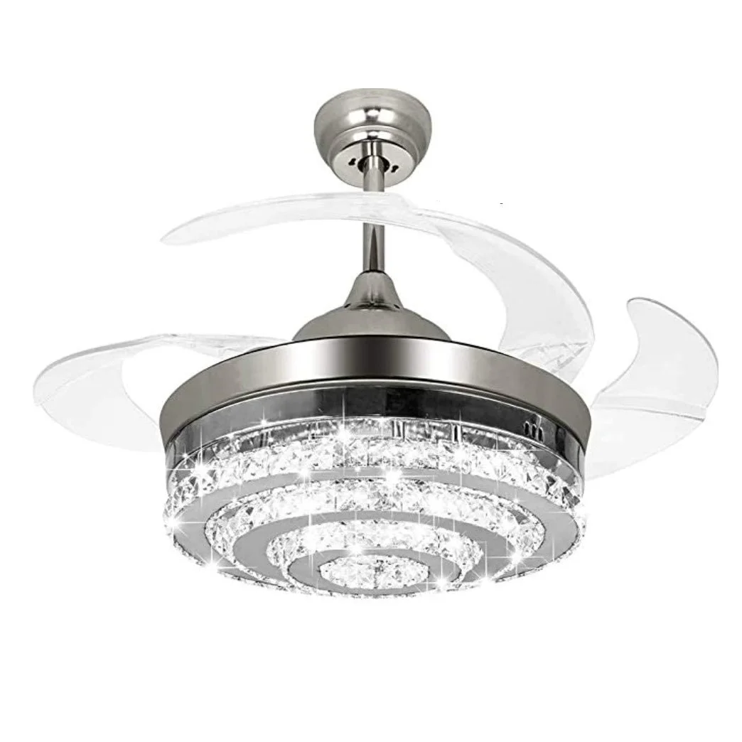 

42" 3 Tiers Crystal Invisible Ceiling Fan Light Remote Control Retractable Chandelier