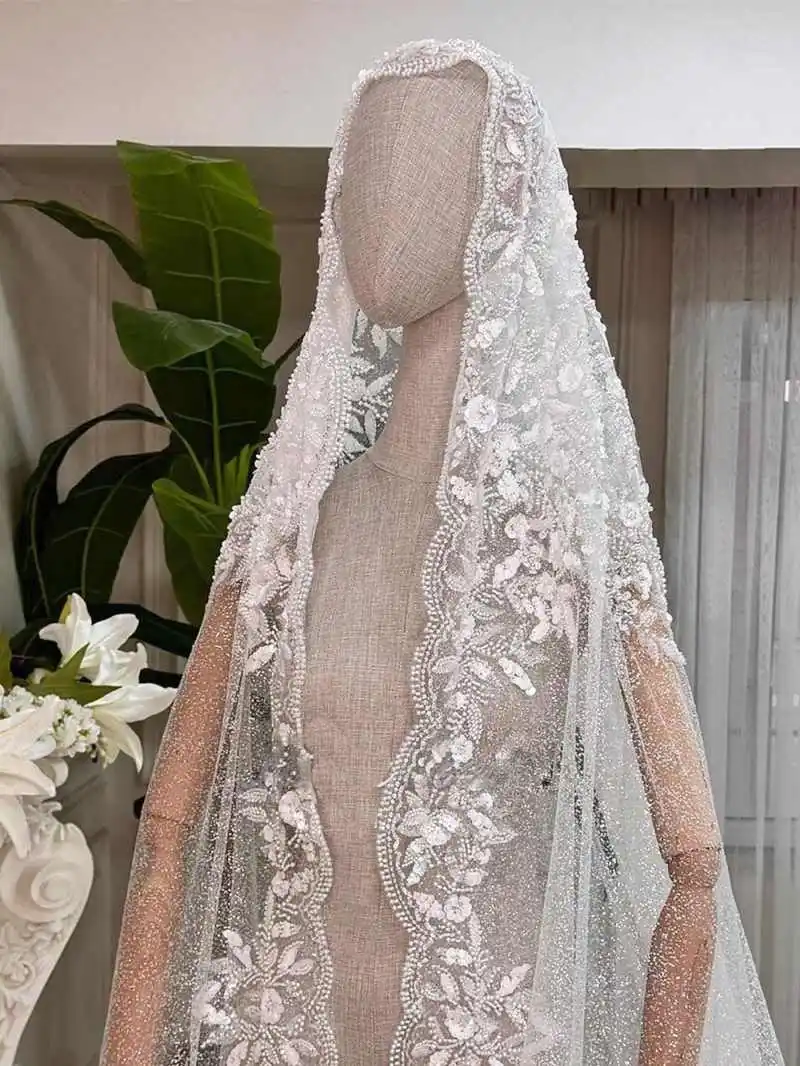 Glitter Beading Lace Wedding Veil 3 Meters White Ivory Bridal Veil Customized Sequined Applique Cape Bride Headpiece Accessories