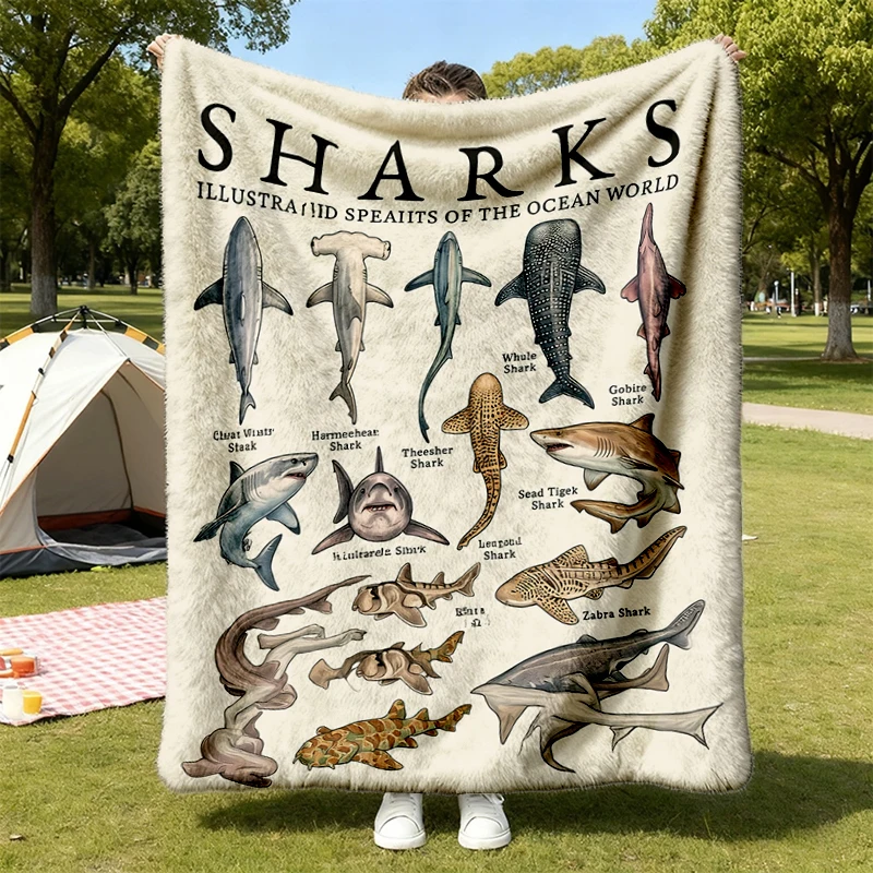 Comfort Color Shark Species Chart Flannel Blanket, Vintage Marine Biology Flannel Blanket, Ocean Life Flannel Blanket