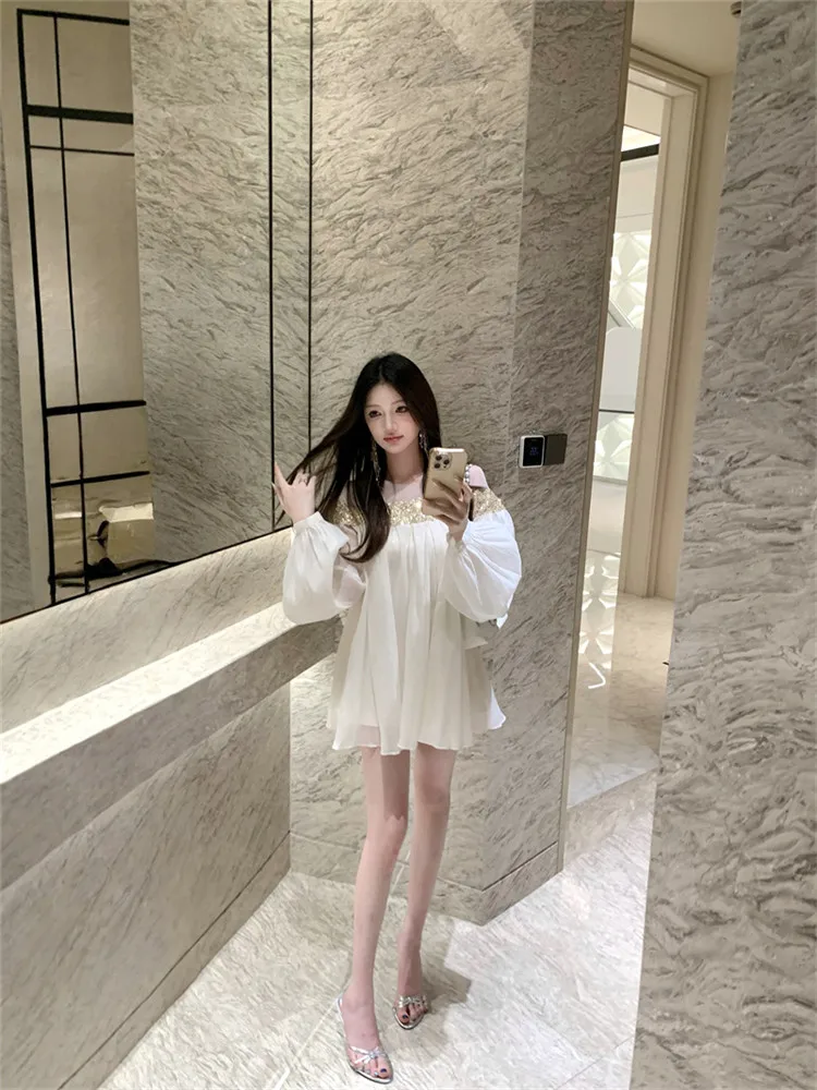 Sheer Mesh Pailletten Patchwork Beige Chiffon Super Mini Kleid Frühling Sommer Frauen Lange Laterne Hülse Kurze Lose Party Kleid