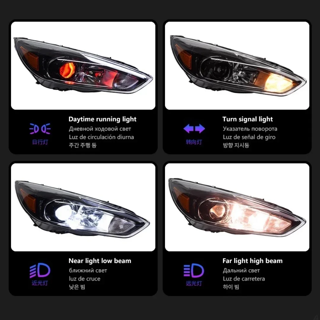 طقم الجسم المصباح الأمامي الوفير ضوء لفورد فوكس 2015-18 تعديل LED عدسة الهالوجين dubl النهار تشغيل ضوء بدوره إشارة #5