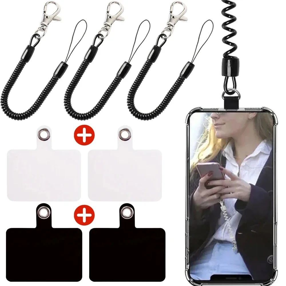 Retractable Spring Phone Lanyard with Patch Spiral Anti-Theft Cellphone Stretchy Straps Security Cable Rope for IPhone 15 ProMax