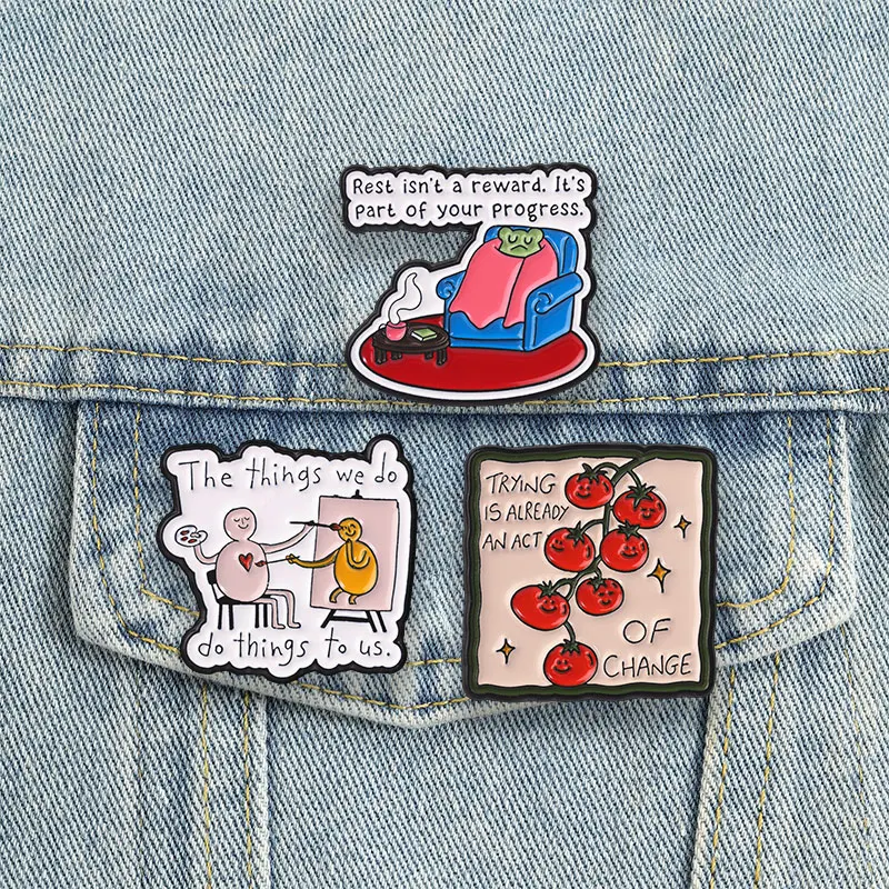 Mental Health Inspirational Badges Tomato Vine Enamel Pin Cozy Frog Brooch Retro Self‑Care Motivational Accessories