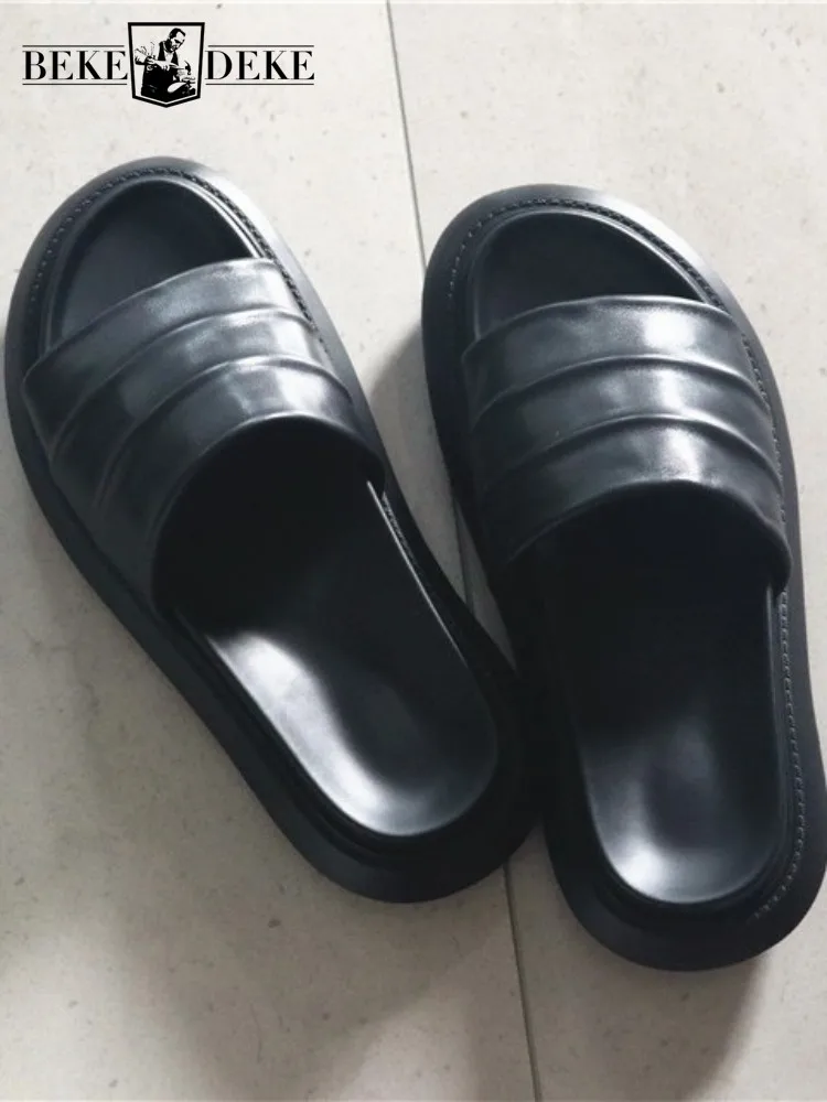 Summer Male Breathable Cowhide Open Toe Platform Slippers Leisure Genuine Leather Slip On Height Increasing Handmade Footwear