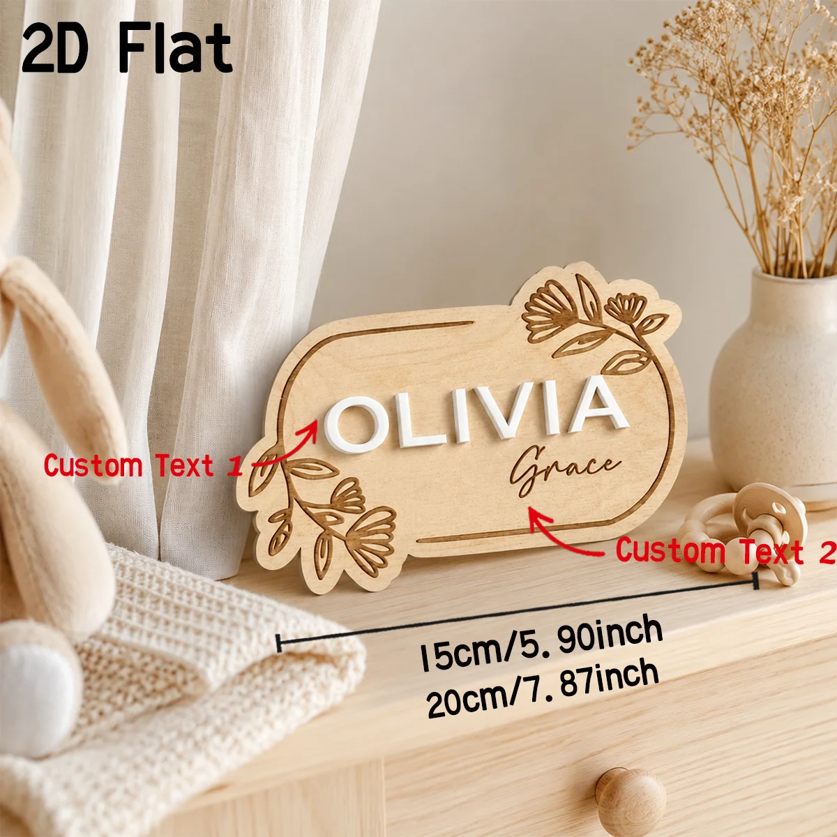Custom Baby Name Wooden Sign, Floral Engraved Personalized Name Plaque, Nursery Wall Decor, Newborn Baby Shower Keepsake Gift