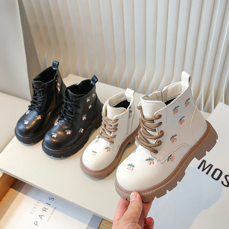 

Autumn Winter Children Fleece Lined Shoes Girls Embroidery Boots Princess Cute Fashion Ankle Boots Leisure Anterior Ligament