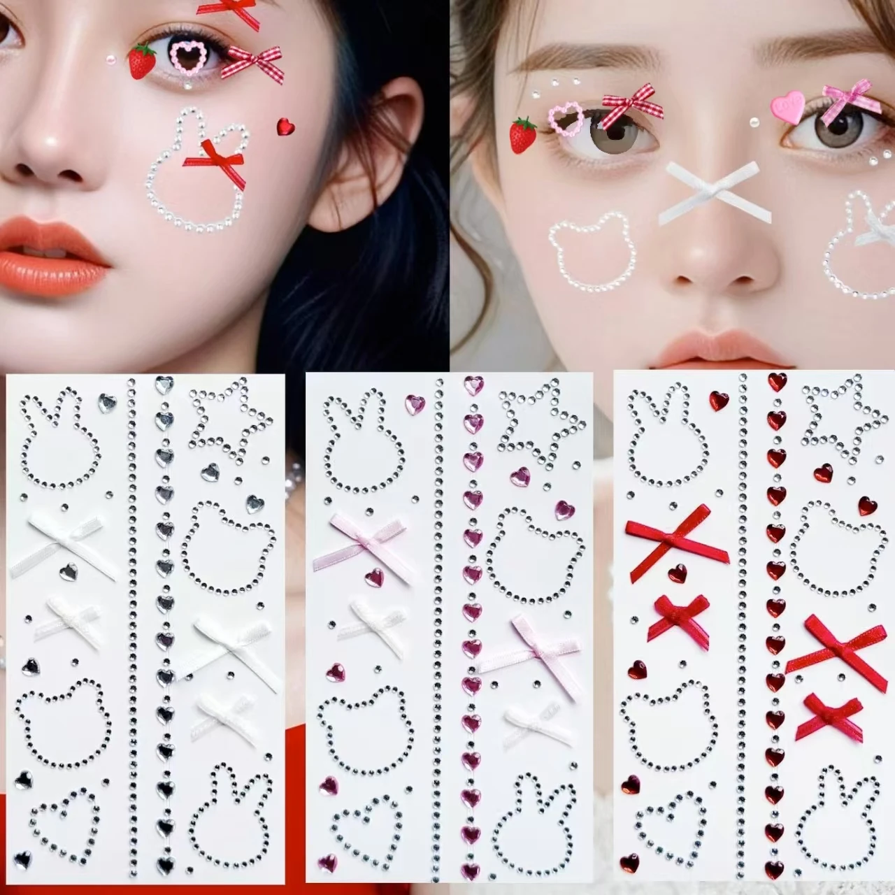 Red and white bow stickers, cute cartoon diamond stickers, children's makeup accessories stickers, rhinestone stickers, facial d