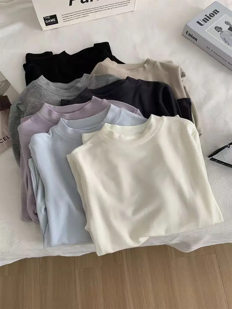 

Lyocell Wool Half High Collar Base Shirt Women Autumn Winter Warm Soft Thick Long Sleeve T-shirt Tops