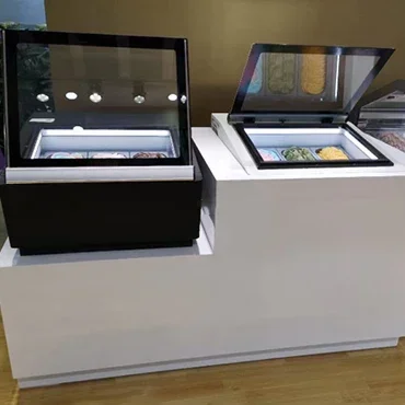Freezer Display Es Krim Gelato Buffet 3 Rasa dengan Pintu Depan Model Jepit untuk Toko Gelato