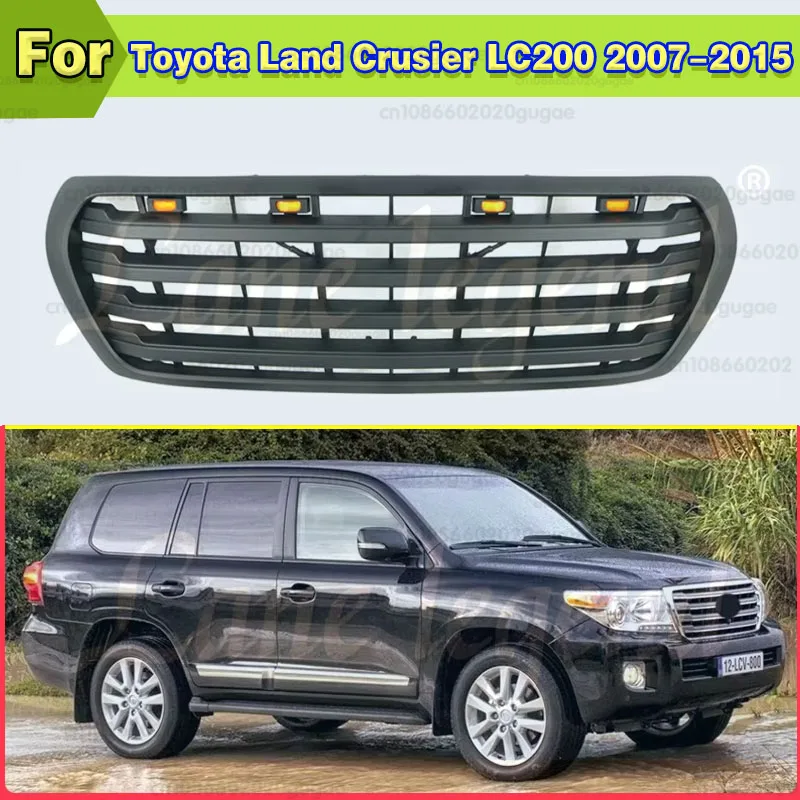 Parrillas Delanteras Deportivas con Letras/LED, Parrilla Delantera con Luces Compatible con Toyota Land Cruiser LC200 2007-2015, Parrilla Negra para Auto