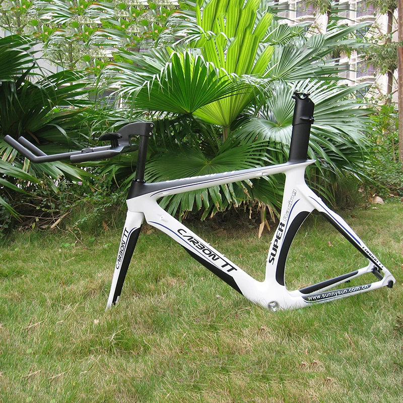 

White Carbon Triathlon Bicycle Frame Road Bike Time Trial Frameset With Aero TT Bar