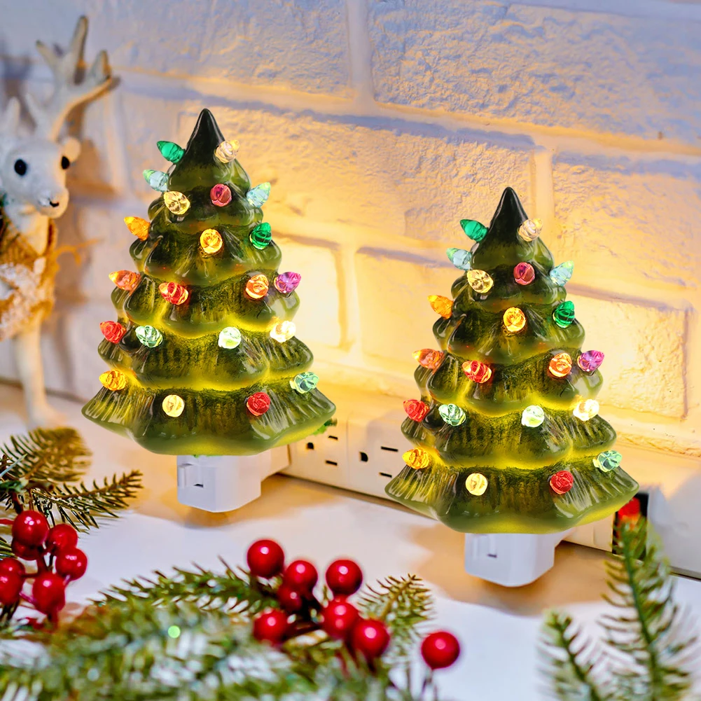 Resin Christmas Tree Night Light Plug In LED Light Xmas Tree Table Lamp White Green Tree Shape Christmas Lights Room Decoration