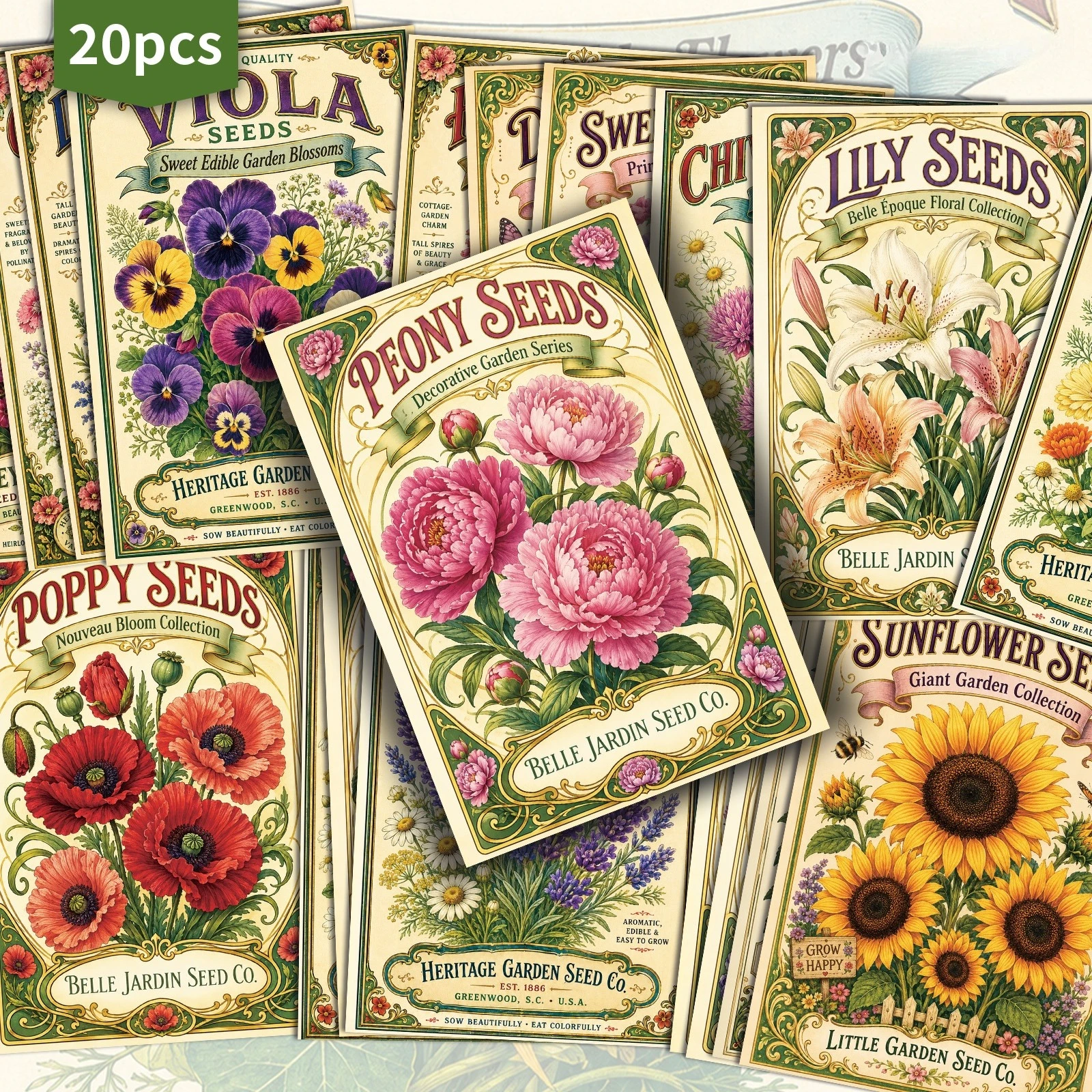 20PCS Vintage Floral Seed Postcards, Classic Poster Girl Illustrations, Suitable for Scrapbooking and Handicraft Production