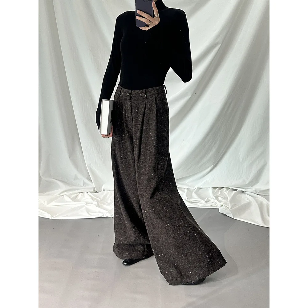 2024 Autumn and Winter New Woolen Pants Look High-end Niche Casual Trousers High-end Temperament Wide Leg Pants for Women